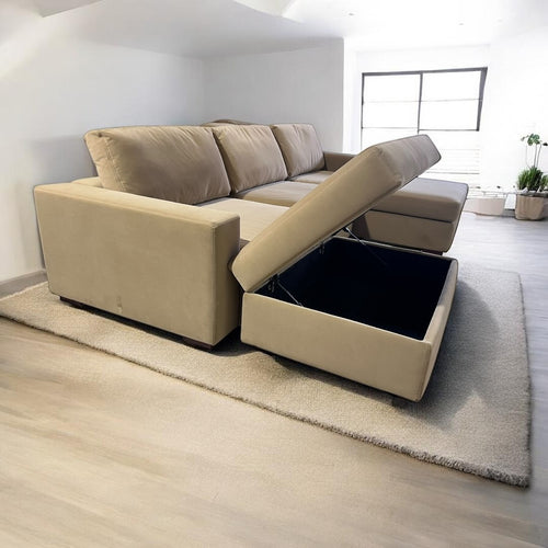 Albany Park 122" Barton Sofa Chaise Sectional in Camel Tan Performance Velvet